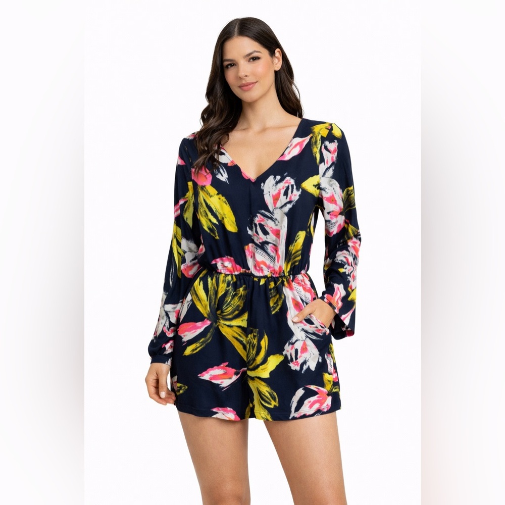 New! Pink Owl Long Sleeve Floral Shorts Romper